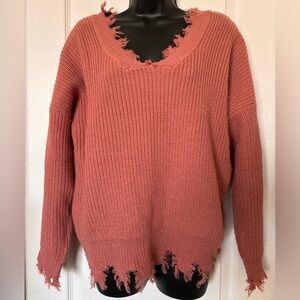 Zenana Frayed Hem Pink Sweater
